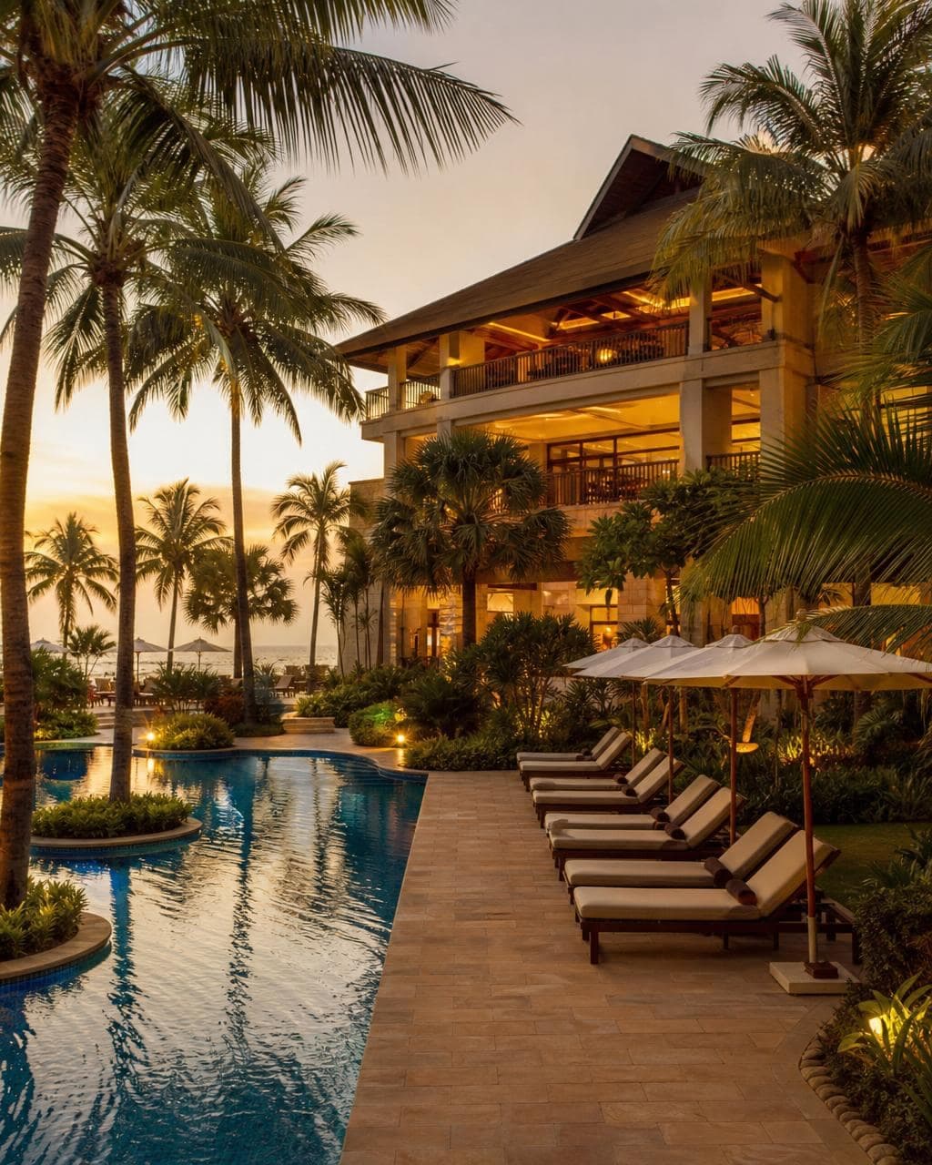 Luxury hotel resort with pool and palm trees in Ghana — hospitality real estate sector.