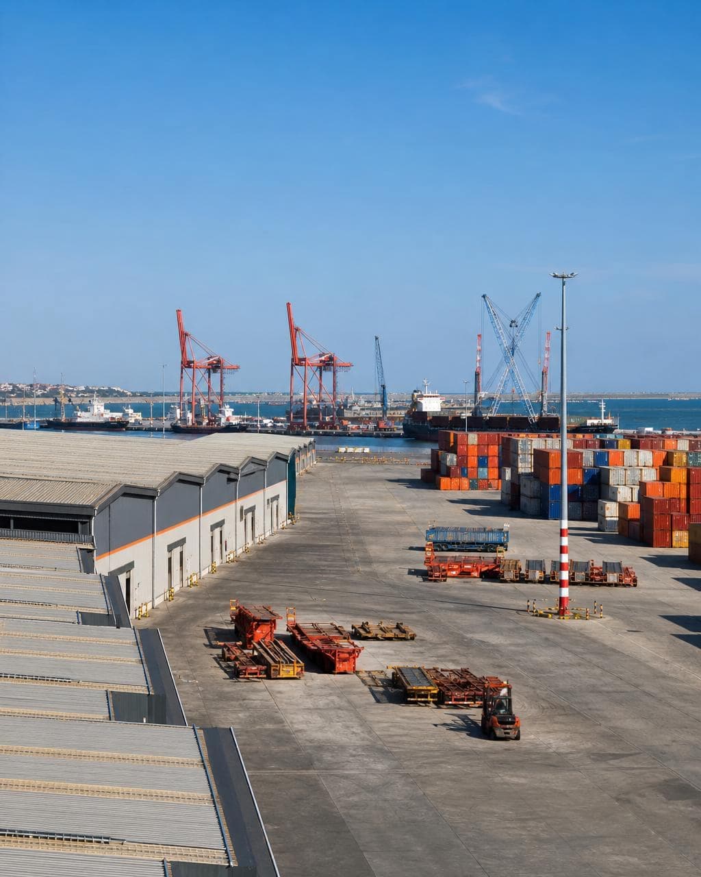 Industrial port and logistics hub with shipping containers and warehouses in Ghana — industrial real estate sector.