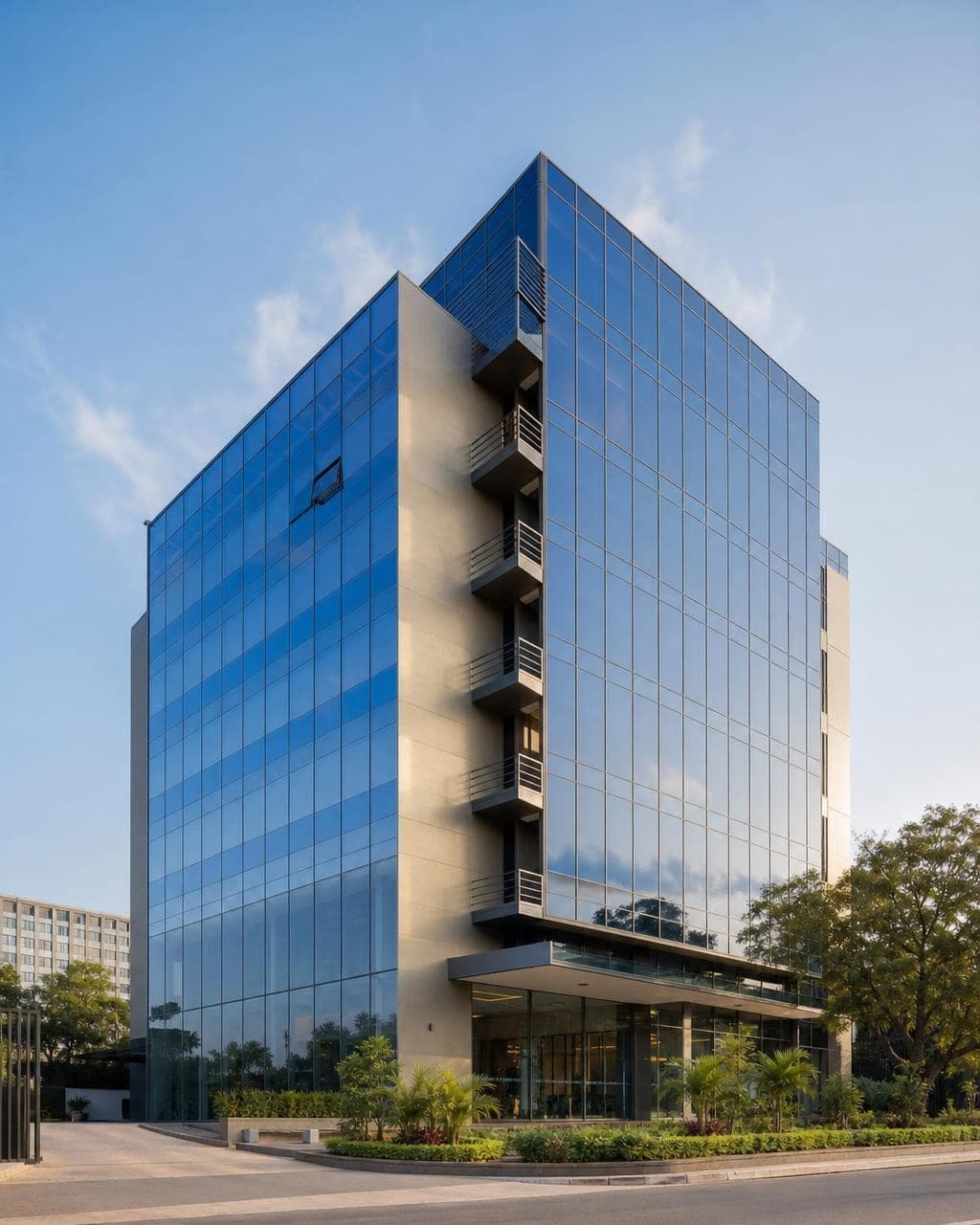 Modern glass office tower in Accra, Ghana — commercial office real estate sector.