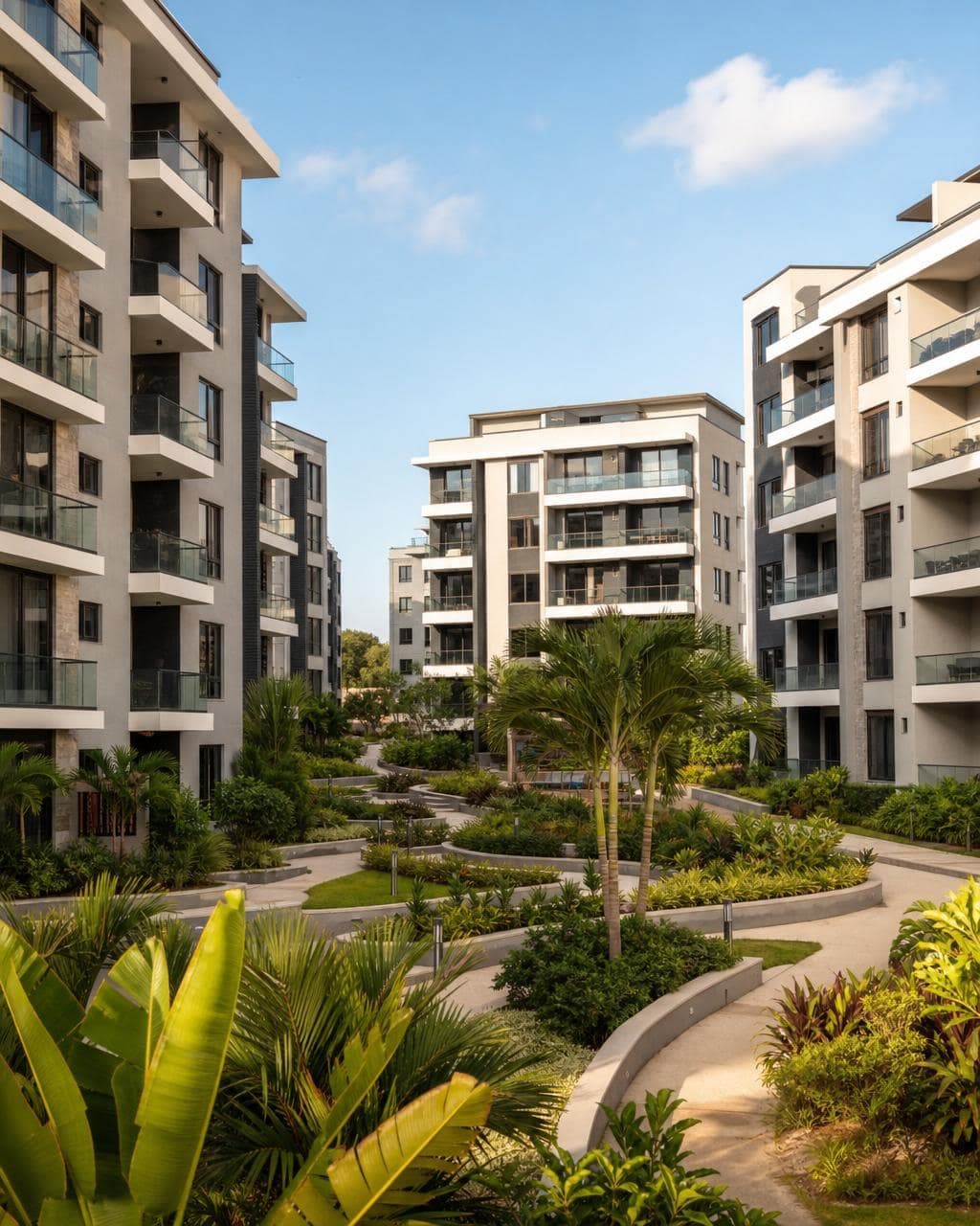 Luxury residential apartment community with landscaped gardens in Ghana — residential real estate sector.