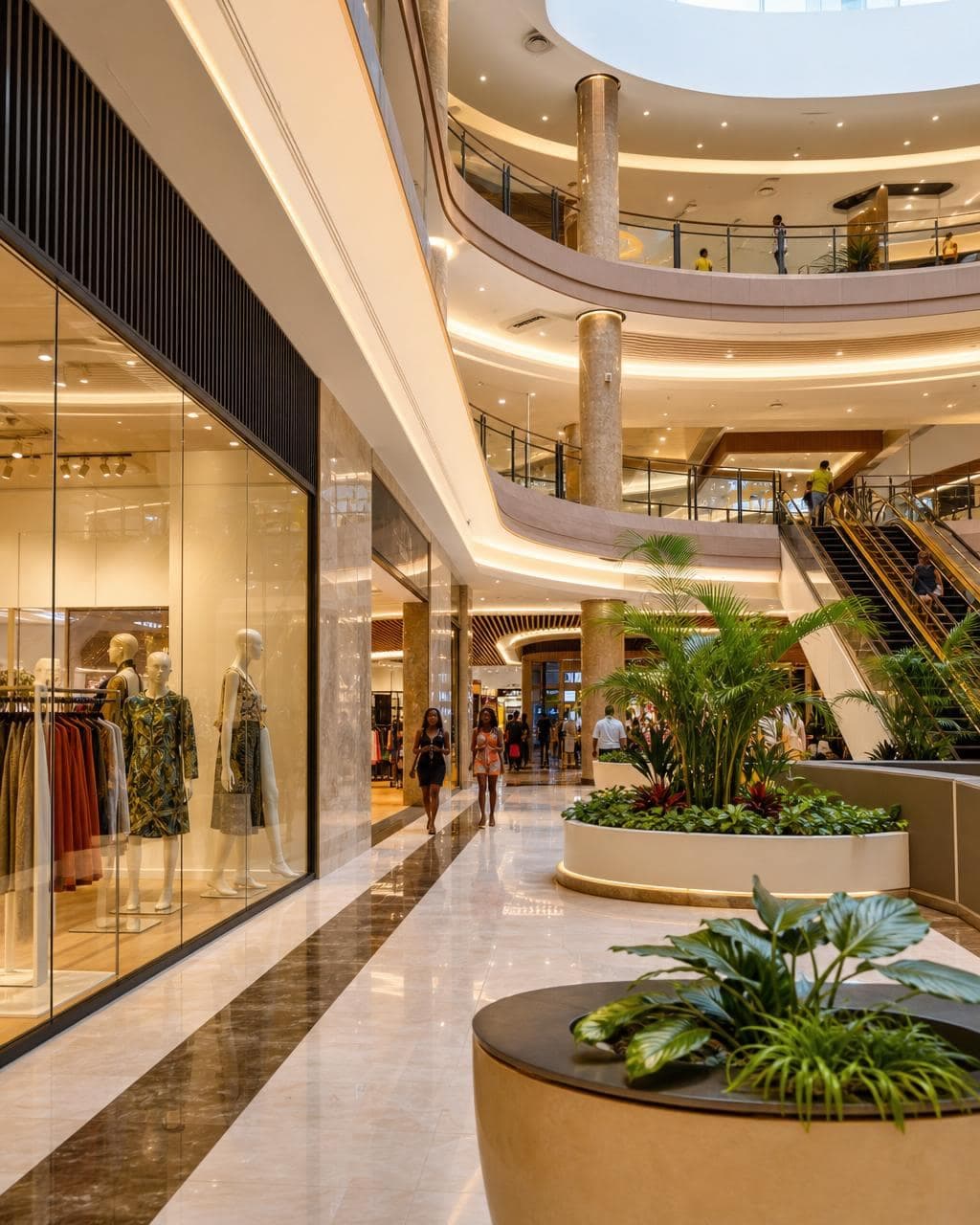 Bright modern shopping mall interior with stores and shoppers in Ghana — retail real estate sector.